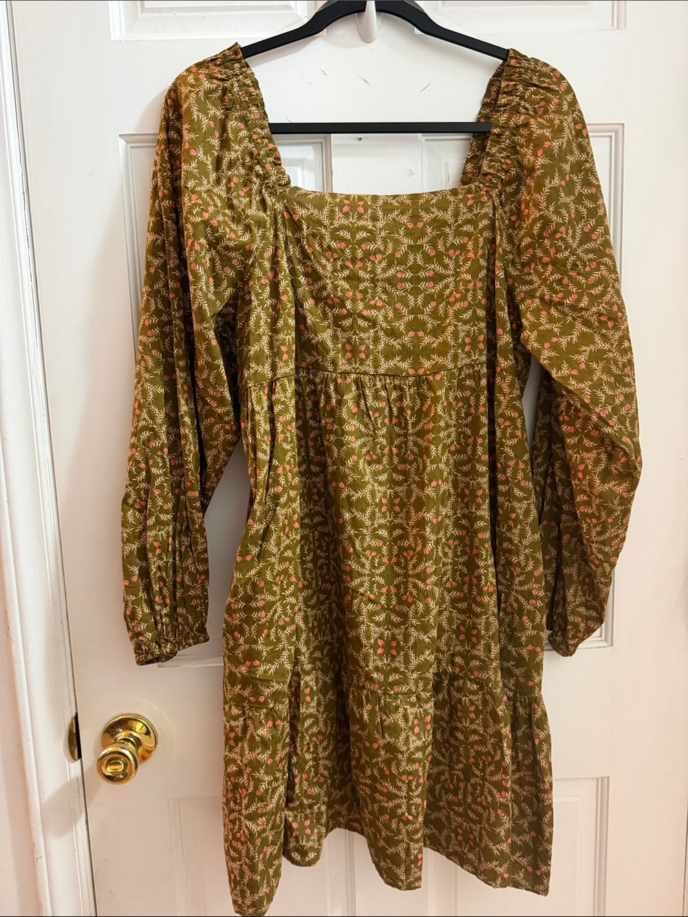 Universal Thread Olive Green Floral Square-Neck Long Bell Sleeve Dress NWT